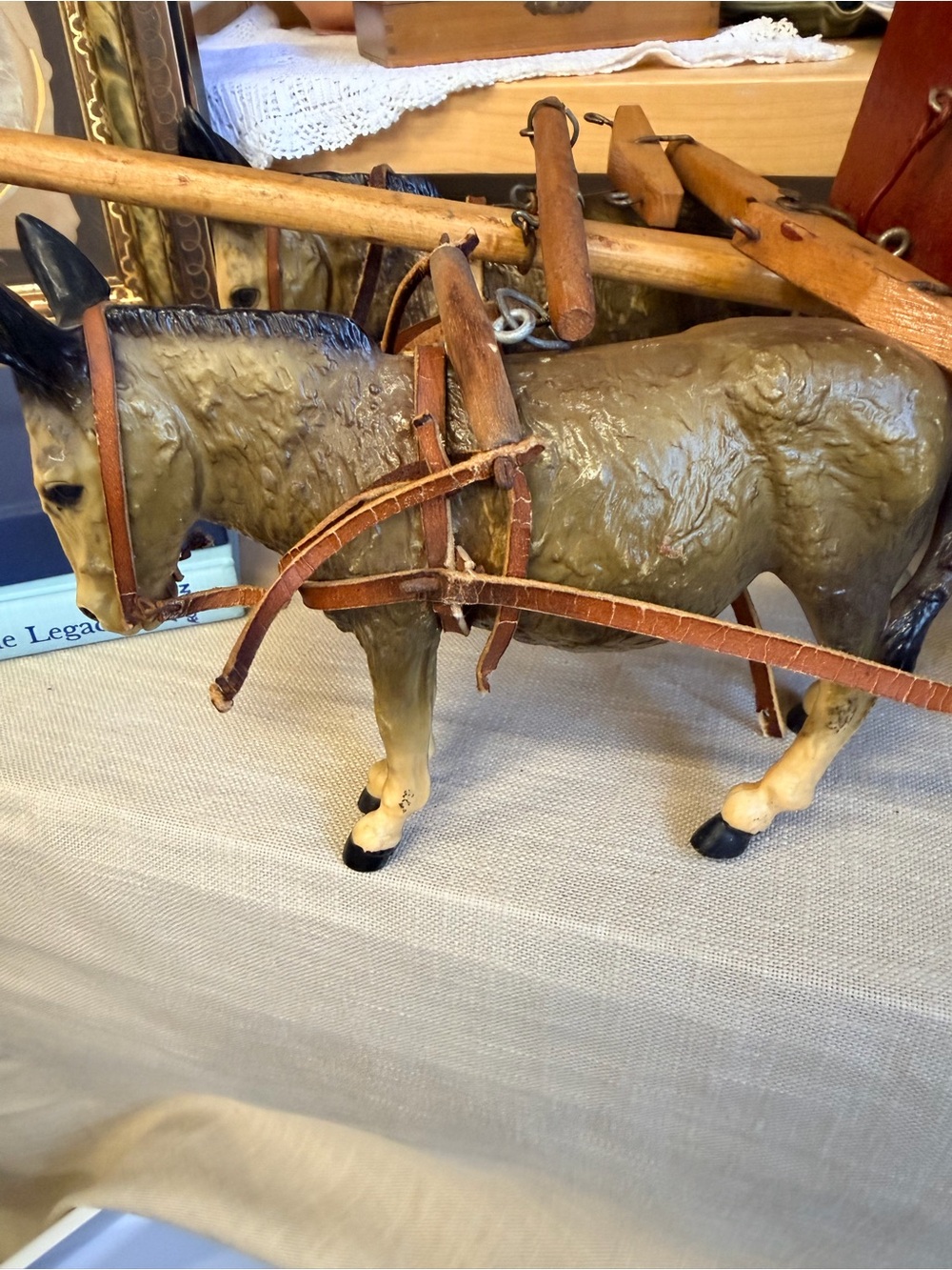 Vintage-Style Red Wooden Cart Accent with Donkey Figure - Picture 2 of 5